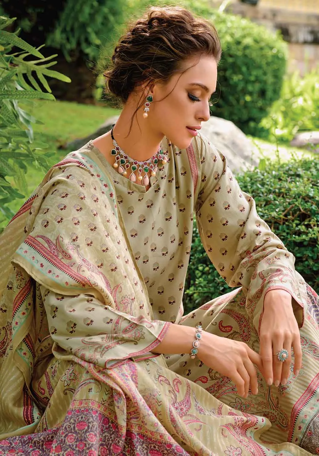 Kilory Green Unstitched Pashmina Winter Suits Material for Women