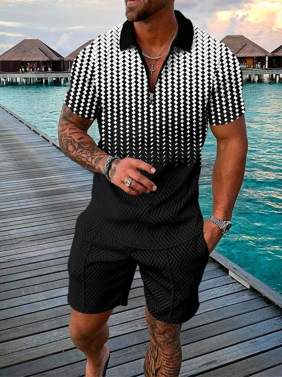 Men's Quality Summer 3D Printed Short Sleeve Lapel Shirt Set