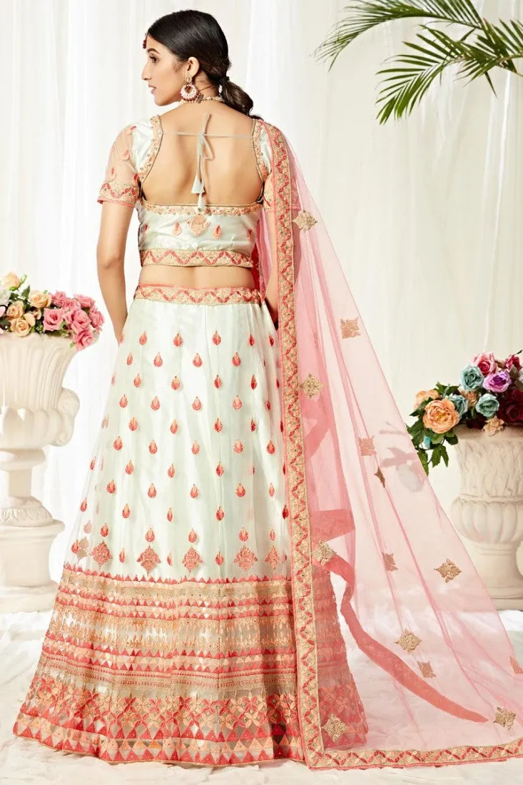 Off White & Pink Thread Embroidered A-Line Lehenga Choli