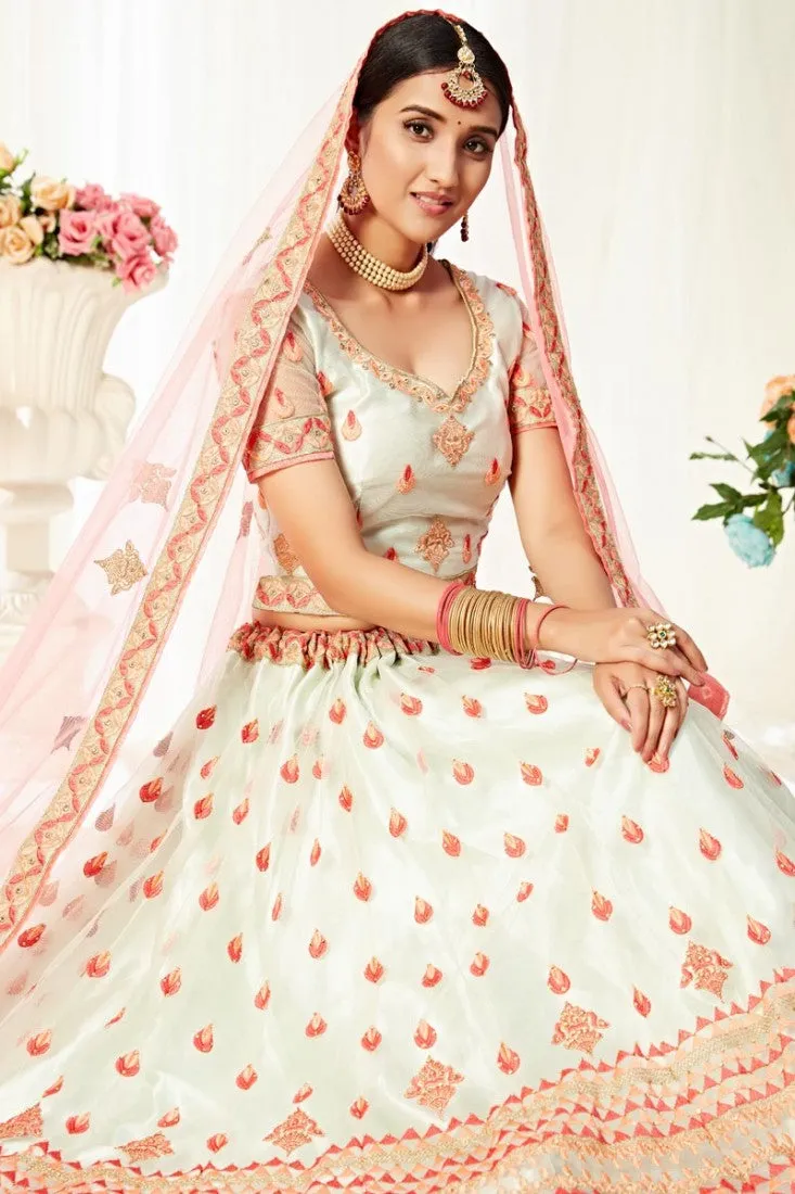 Off White & Pink Thread Embroidered A-Line Lehenga Choli