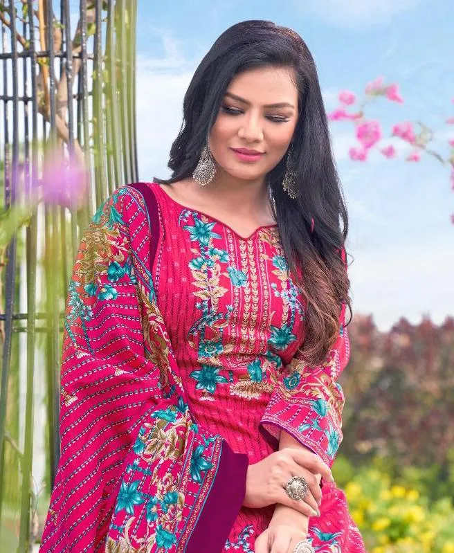 Pakistani Lawn Cotton Unstitched Suit Dress Material Pink