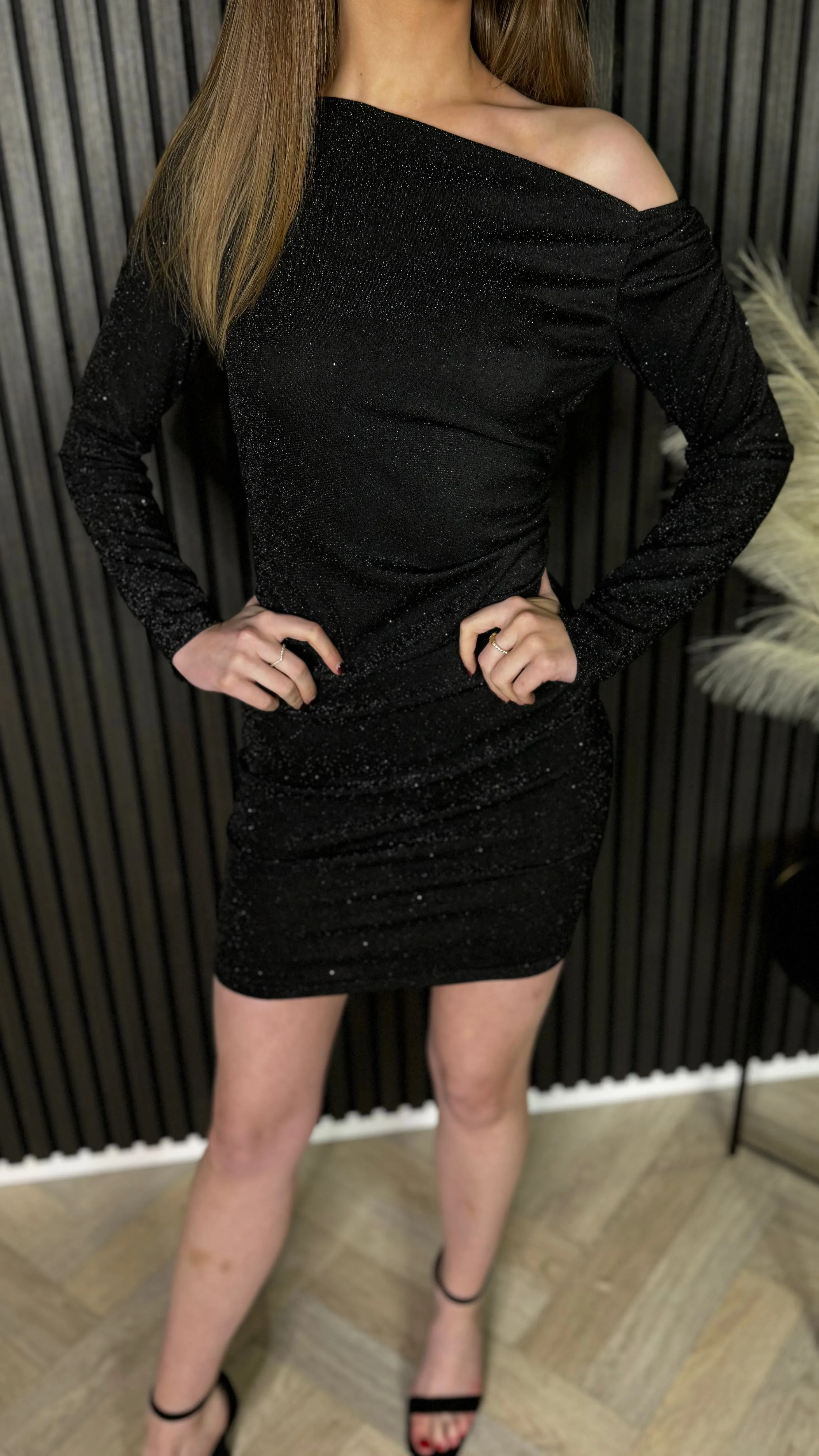 Shannon Black Sparkle Lurex Oblique Neck Mini Dress