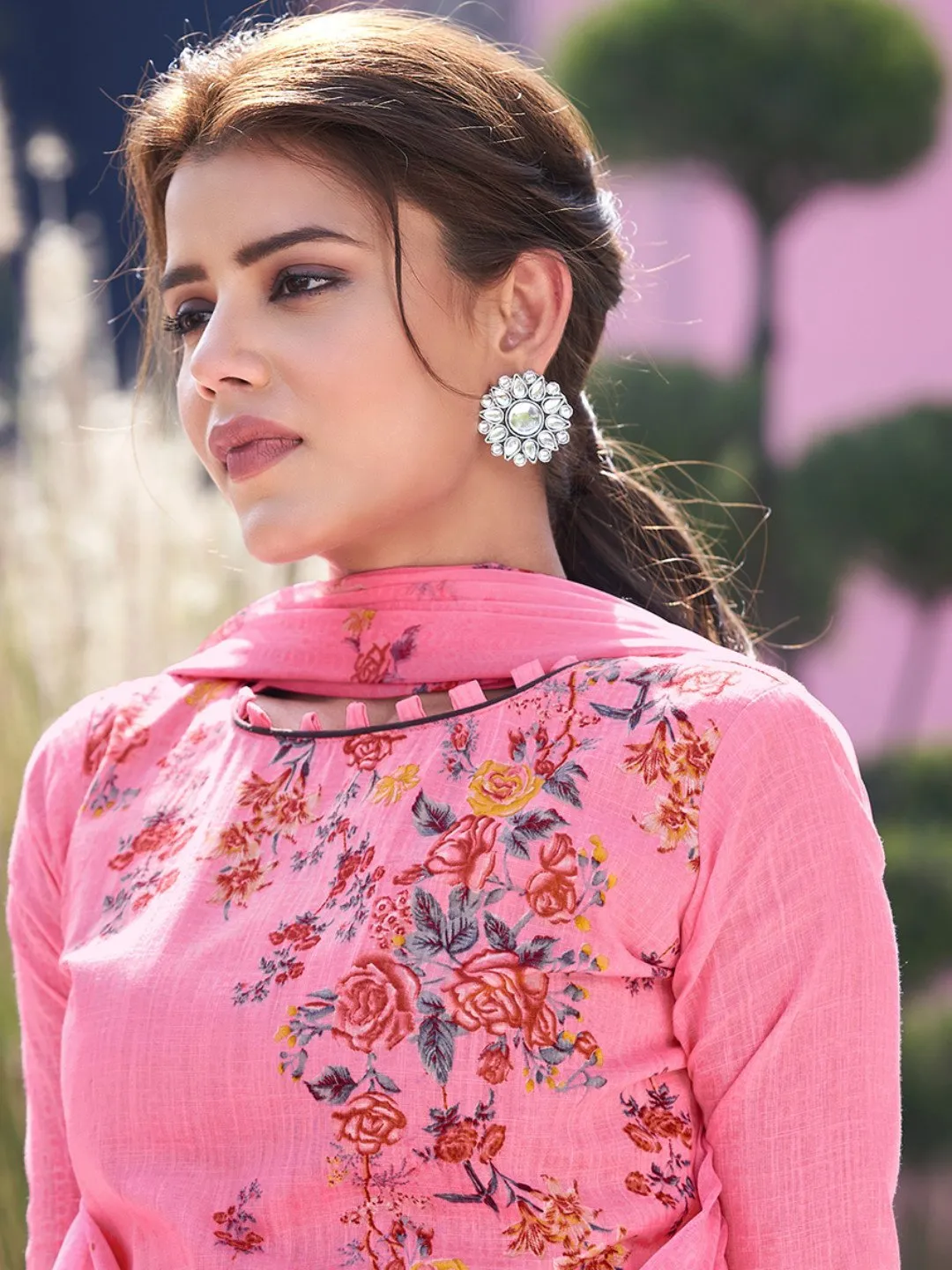 Unstitched Printed Pink Cotton Salwar Kameez Material
