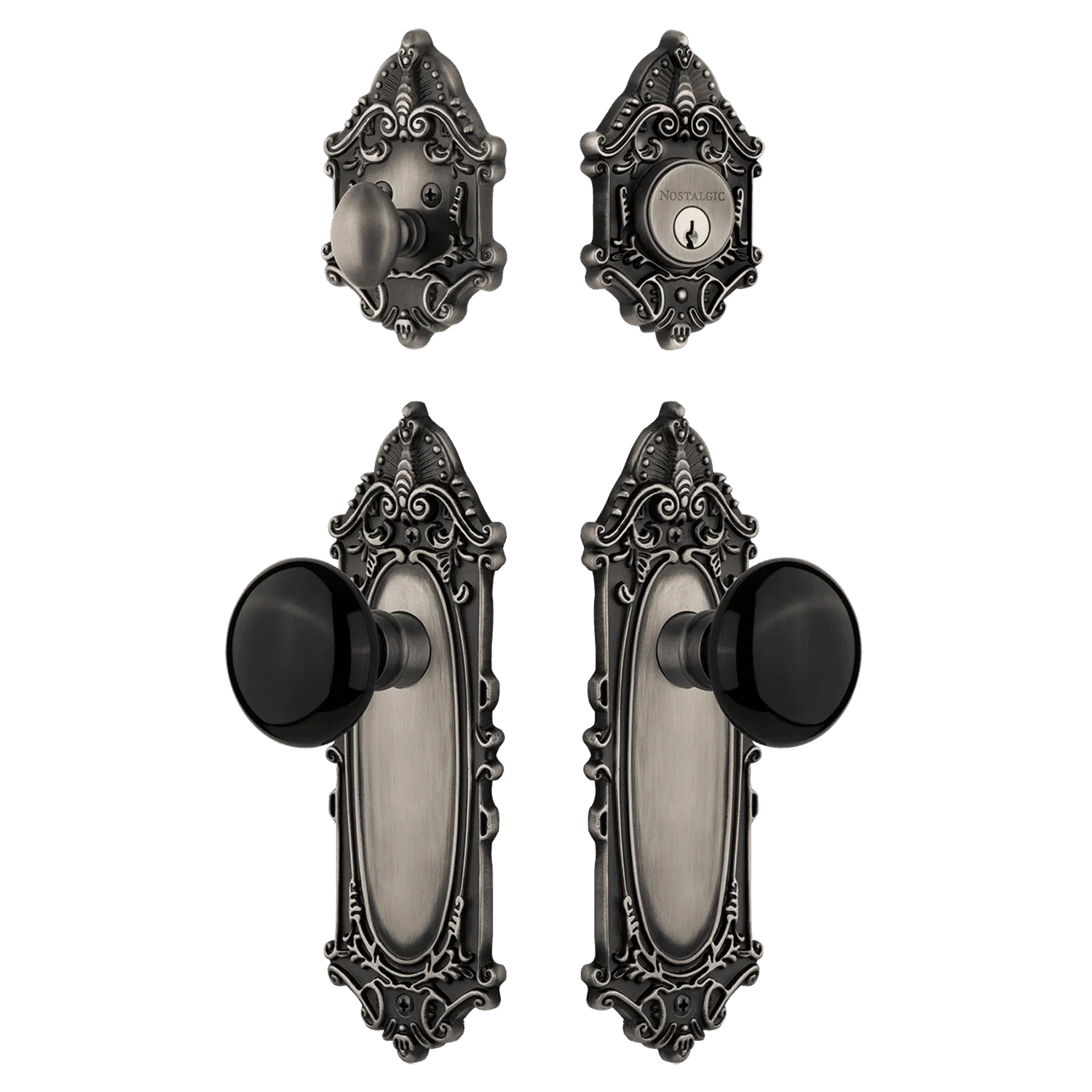 Victorian Entry Set with Black Porcelain Knob in Antique Pewter