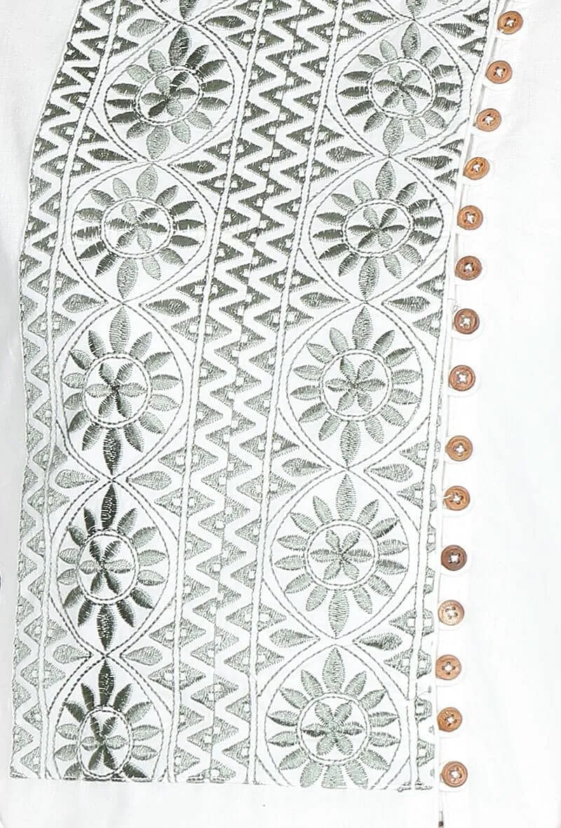White Cotton Kurta With Green Floral Kantha Work
