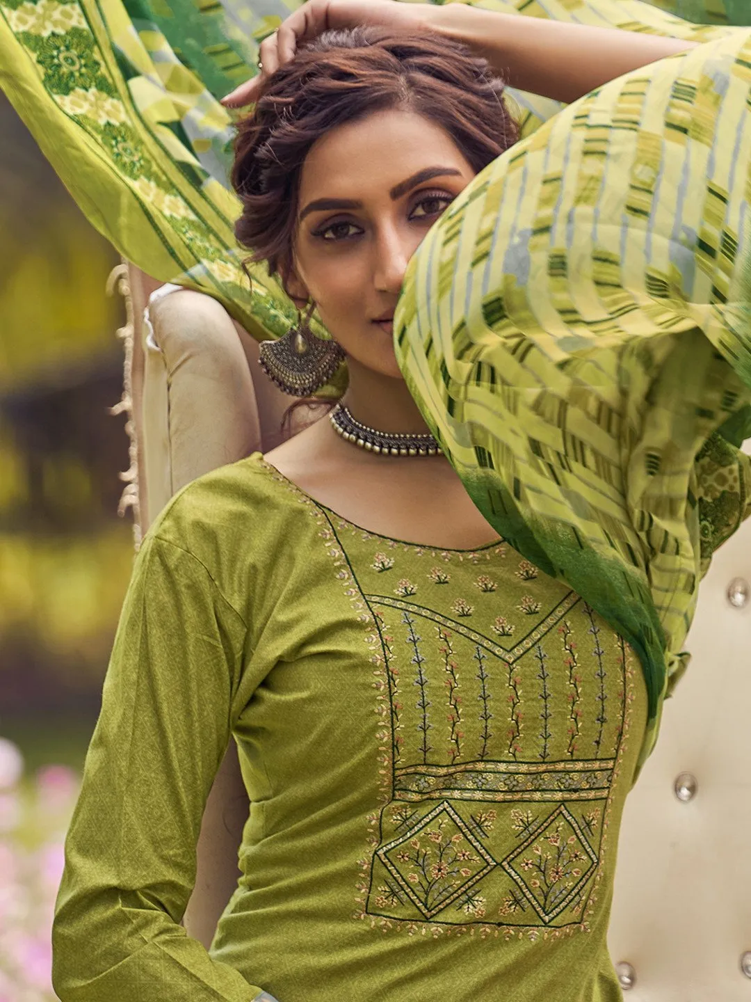 Women's Green Unstitched Cotton Green Suit Dress Material